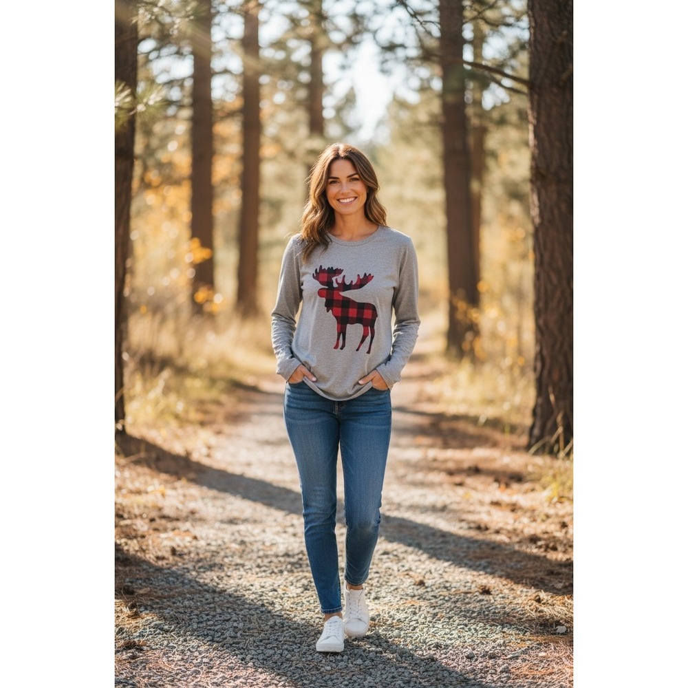 Old Ranch Long Sleeve Tee Shirt Moose‎ in Plaid Size S